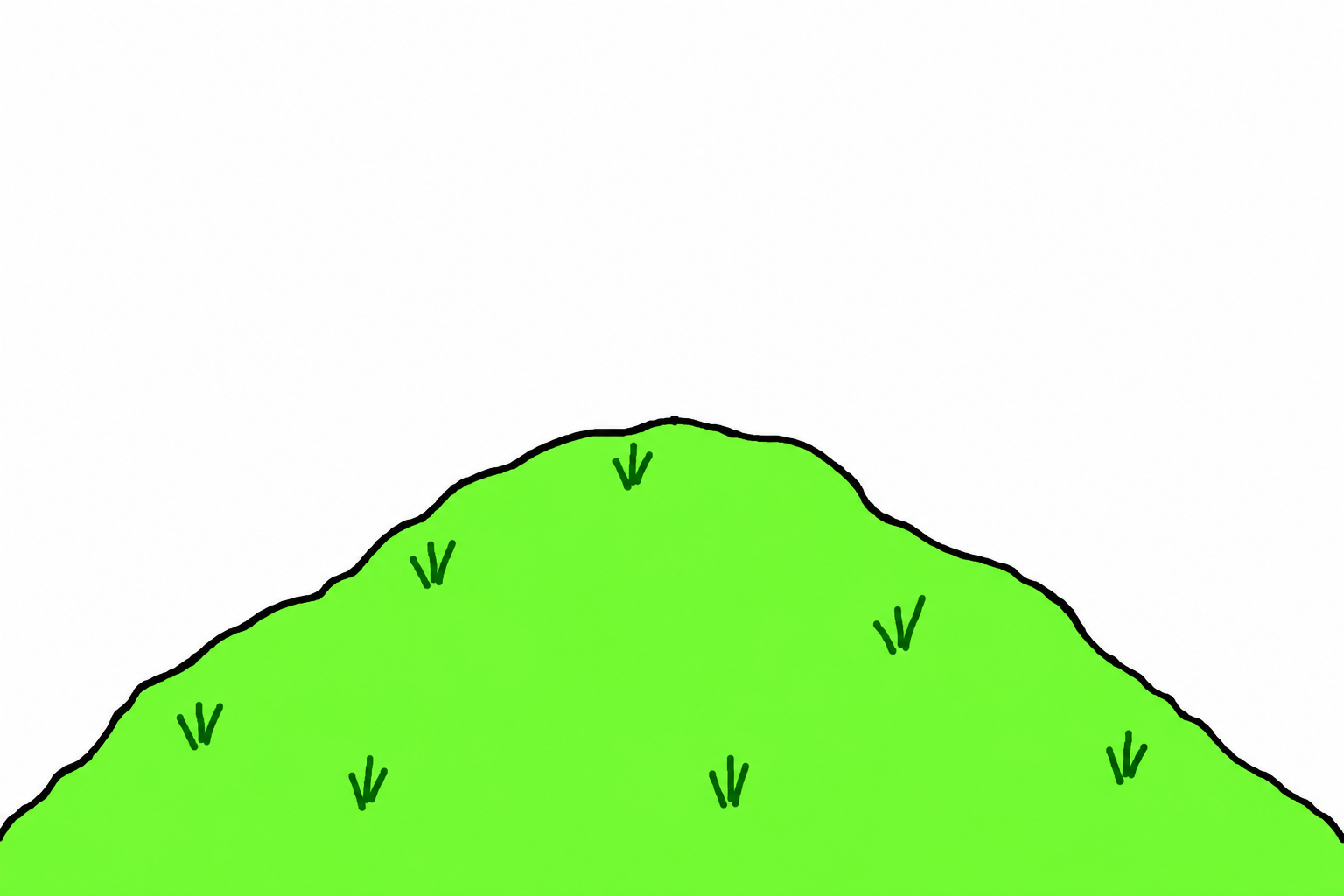 A badly drawn bright green hill with seven tufts of grass